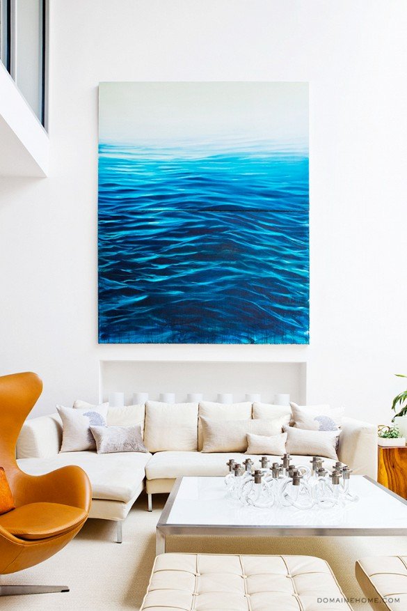 Modern New York City townhouse living room with large ocean painting on Thou Swell @thouswellblog