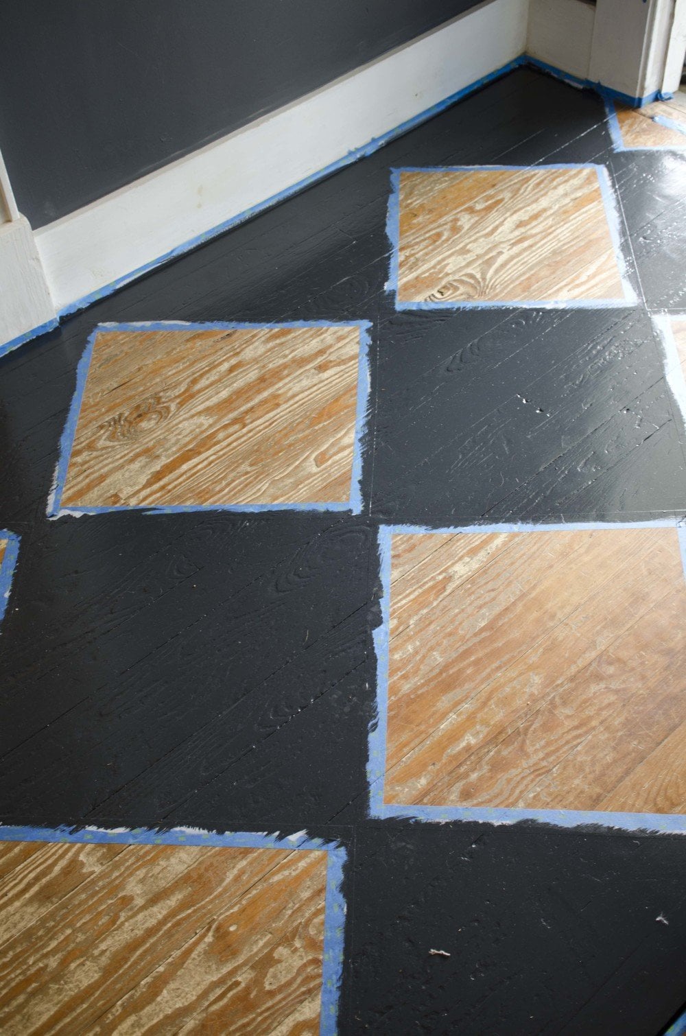 Checkerboard painted floor pattern