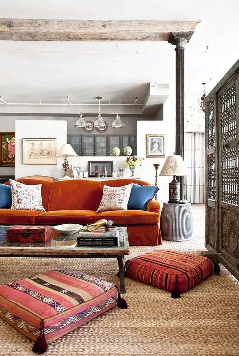 A lively worldly eclectic mix in a layered living room.