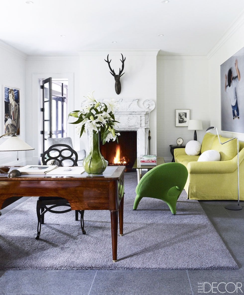 Bright, fresh living room with pops of green and yellow and a mix of modern pieces and antiques.