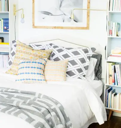 PIllows from @bunglo, Shams from @PotteryBarn, Headboard from @OneKingsLane, Sconces from @CB2pins