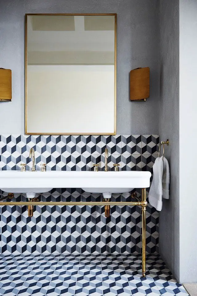 Patterned tiles in a modern bathroom in a London townhouse on @thouswellblog