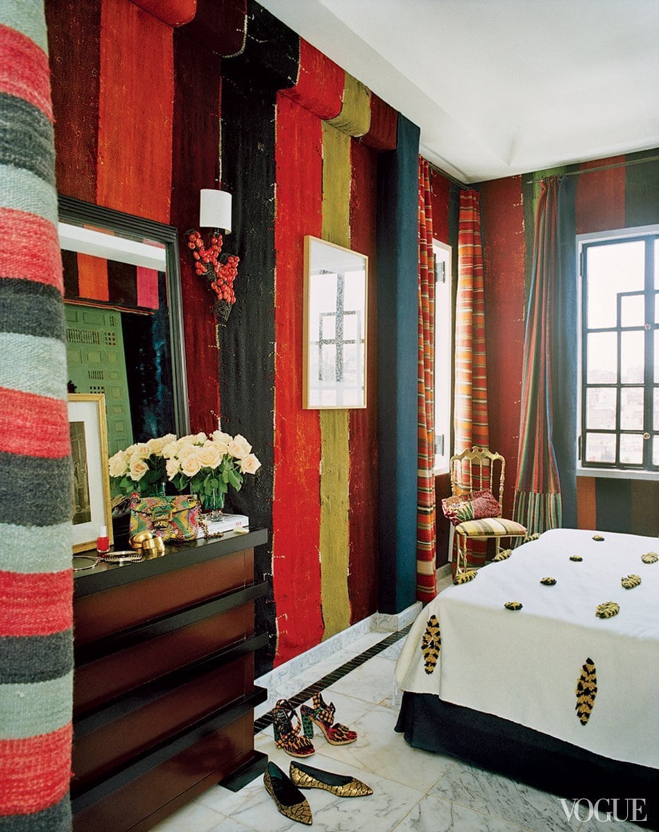 Walls upholstered in rug strips in a Moroccan home on @thouswellblog
