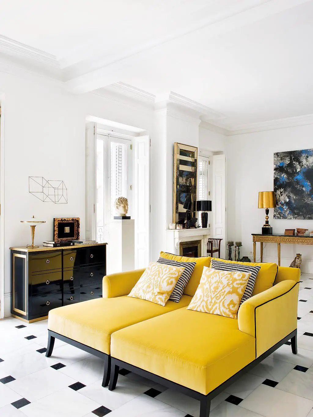 Two yellow chaises in the living room via @thouswellblog