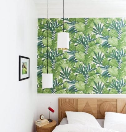 Modern bedroom with tropical wallpaper via @thouswellblog