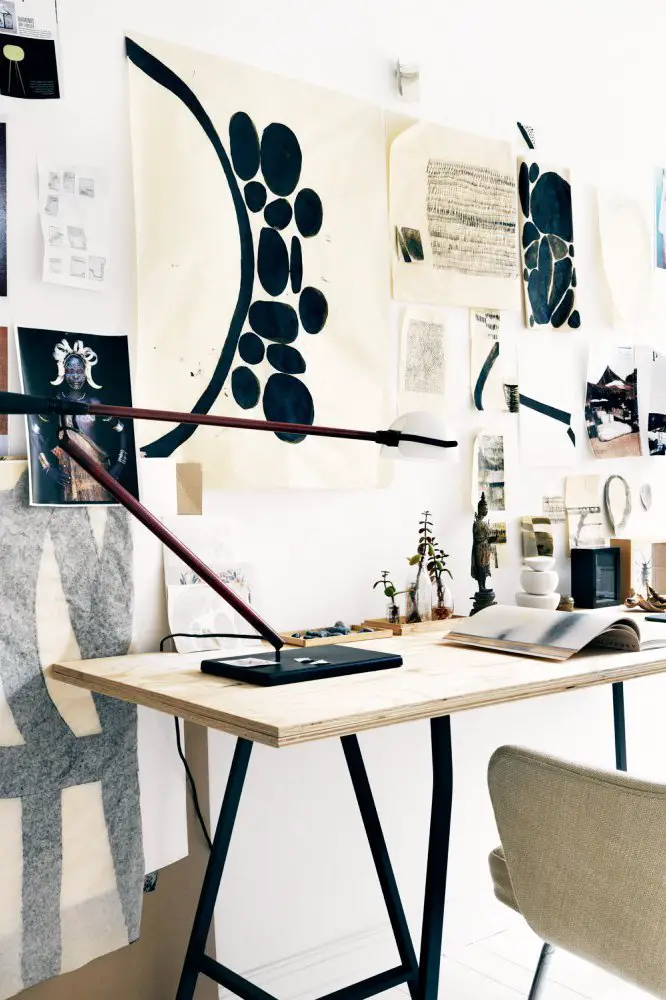 Neutral desk with mood board on the wall via @thouswellblog