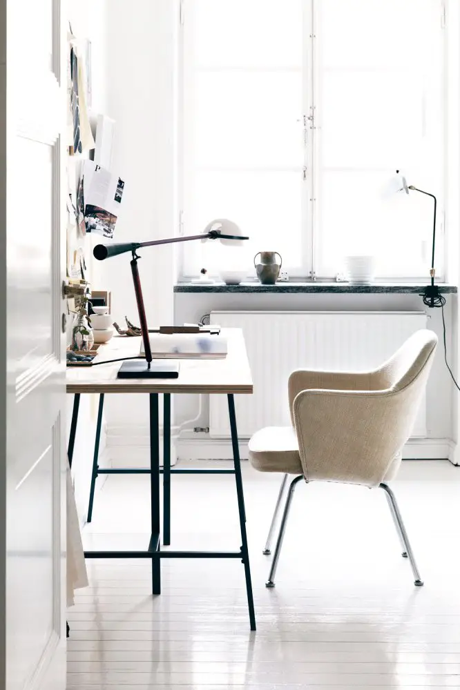 Minimal home office with white floors via @thouswellblog