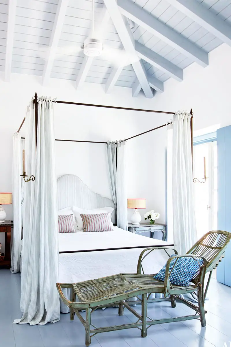 Light and airy white bedroom with blue floors via @thouswellblog