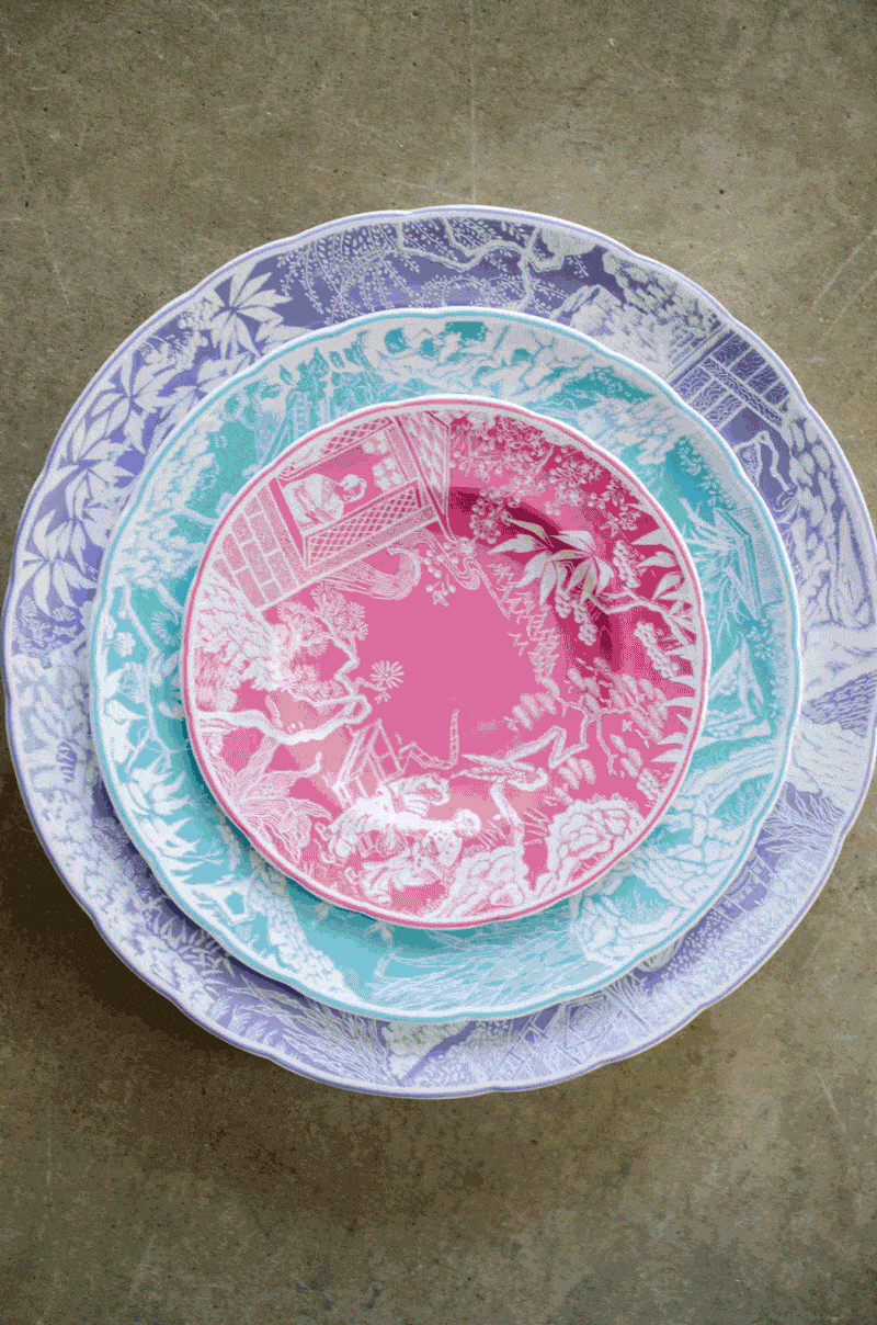 Steve McKenzie's brightly colored chinoiserie plates on @thouswellblog