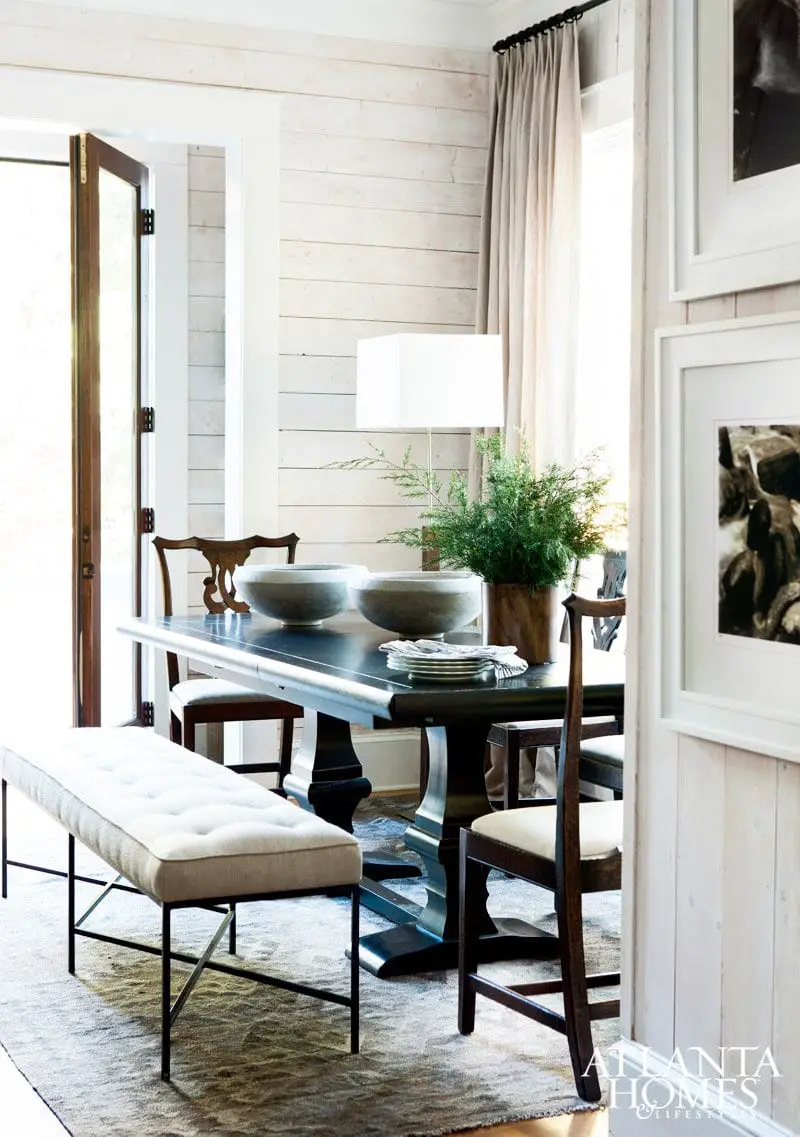 Tufted dining bench in traditional dining room via @thouswellblog