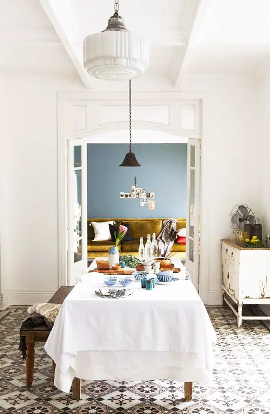 Dining benches in eclectic dining room via @thouswellblog