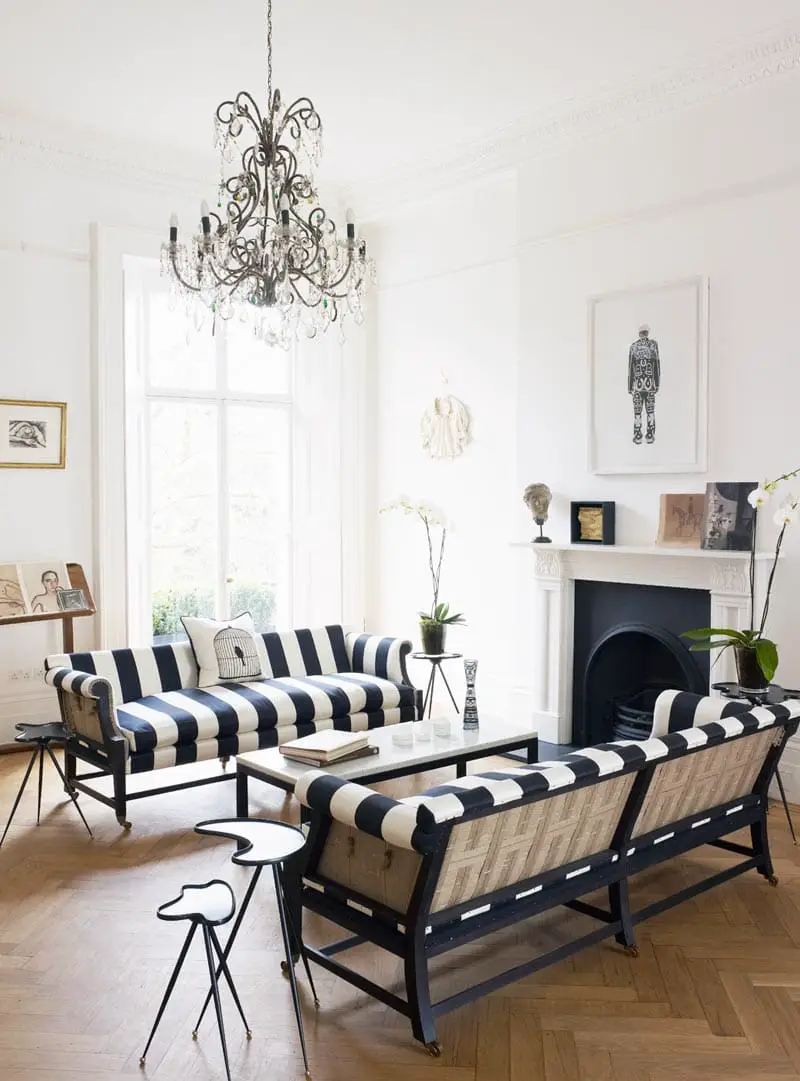Black and white striped sofas in a London townhouse via @thouswellblog