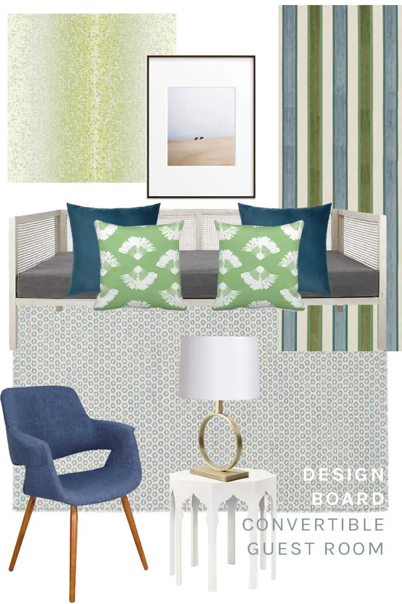 Convertible guest room design board in green and blue via Thou Swell