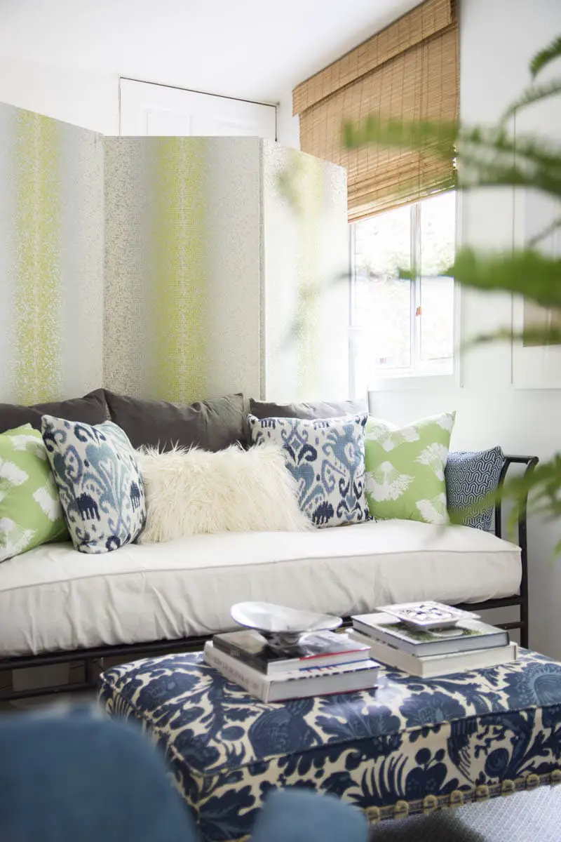 Blue and green guest room design with folding screen on Thou Swell