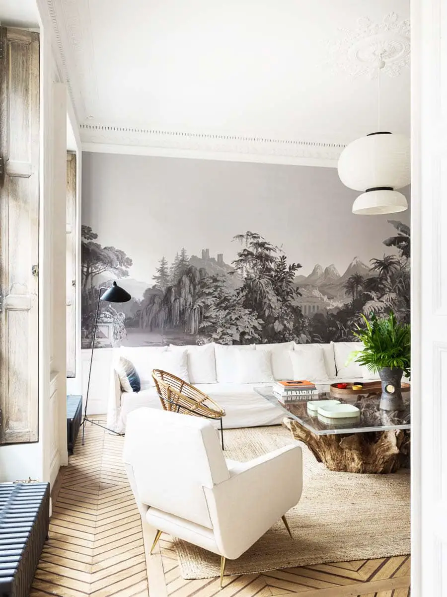 Natural finishes and neutral colors in a modern Paris living room on Thou Swell