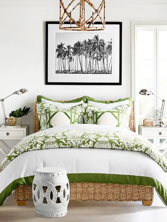 Coastal bedroom style with Pantone greenery accents on Thou Swell