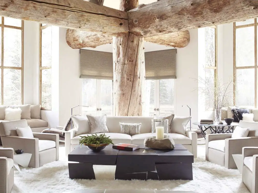 Modern living room in Aspen with huge wooden beams on Thou Swell @thouswellblog