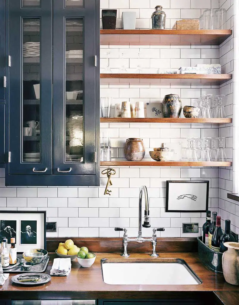 Eclectic kitchen design with gray cabinets and open shelving on Thou Swell @thouswellblog