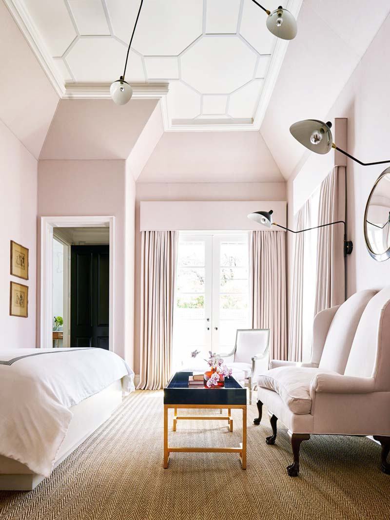 Blush master bedroom suite with modern light fixture on Thou Swell @thouswellblog
