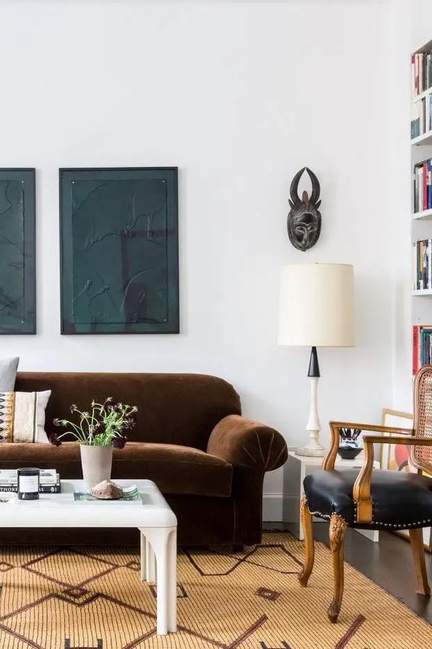 Artful New York City apartment tour with brown velvet sofa and vintage furniture on Thou Swell @thouswellblog
