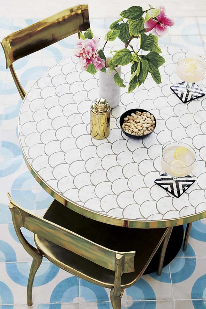 Modern outdoor furniture, marble dining table, gold dining chairs, tiled floor on Thou Swell @thouswellblog