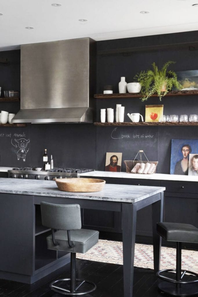 Dark grey industrial modern loft kitchen design on Thou Swell #kitchen #kitchendesign #chalkboardwall #chalkboardpaint #greypaint #greykitchen #modernkitchen #moderndesign