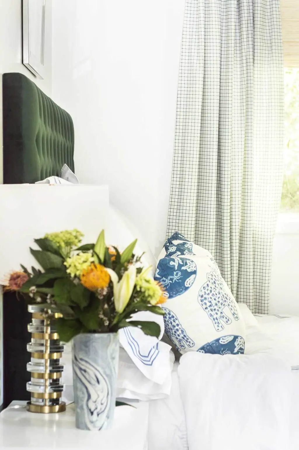 Blue and green bedroom makeover with tufted headboard on Thou Swell @thouswellblog