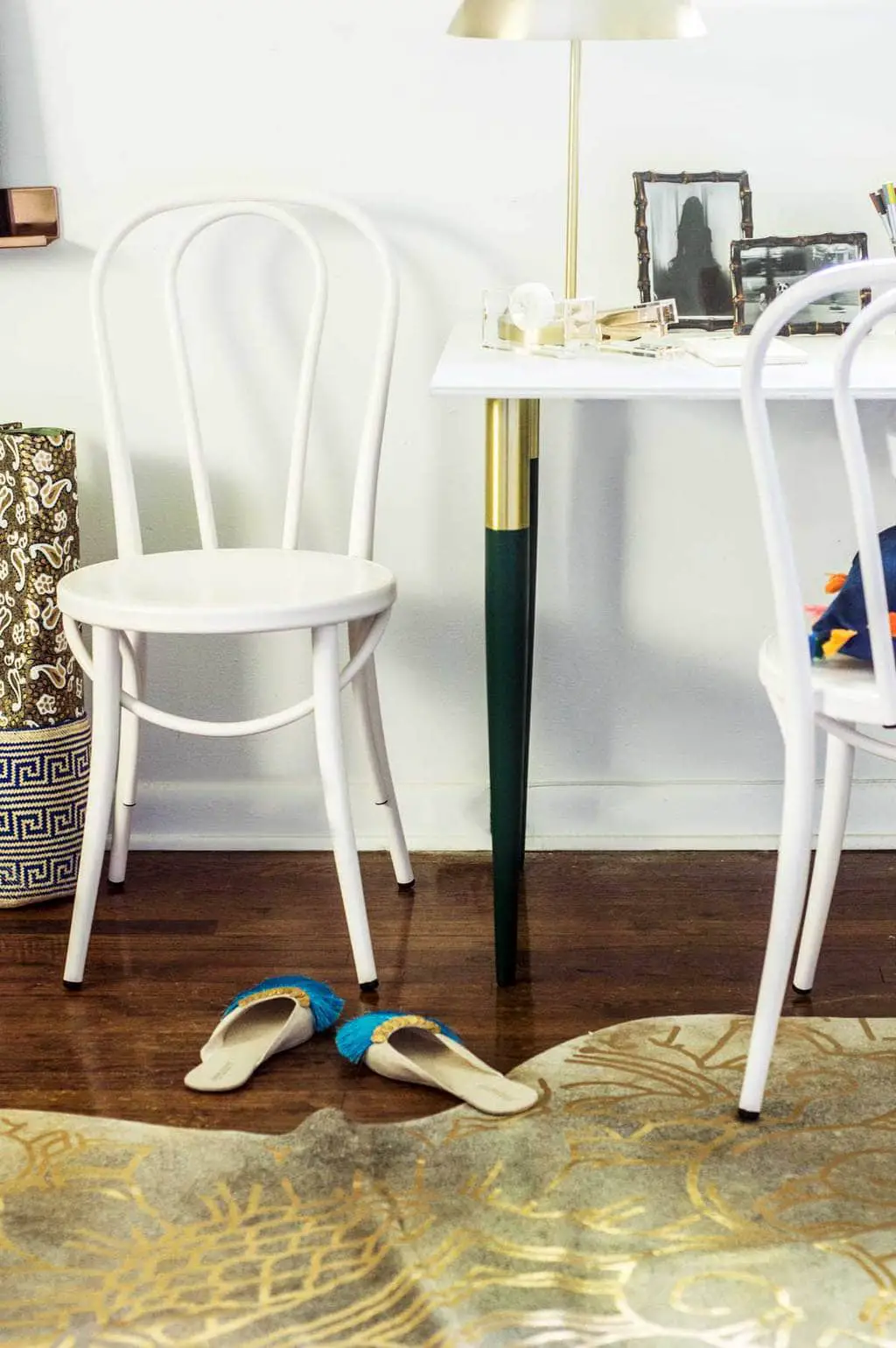 Desk with green and gold PrettyPegs table legs and white bistro chair on Thou Swell @thouswellblog