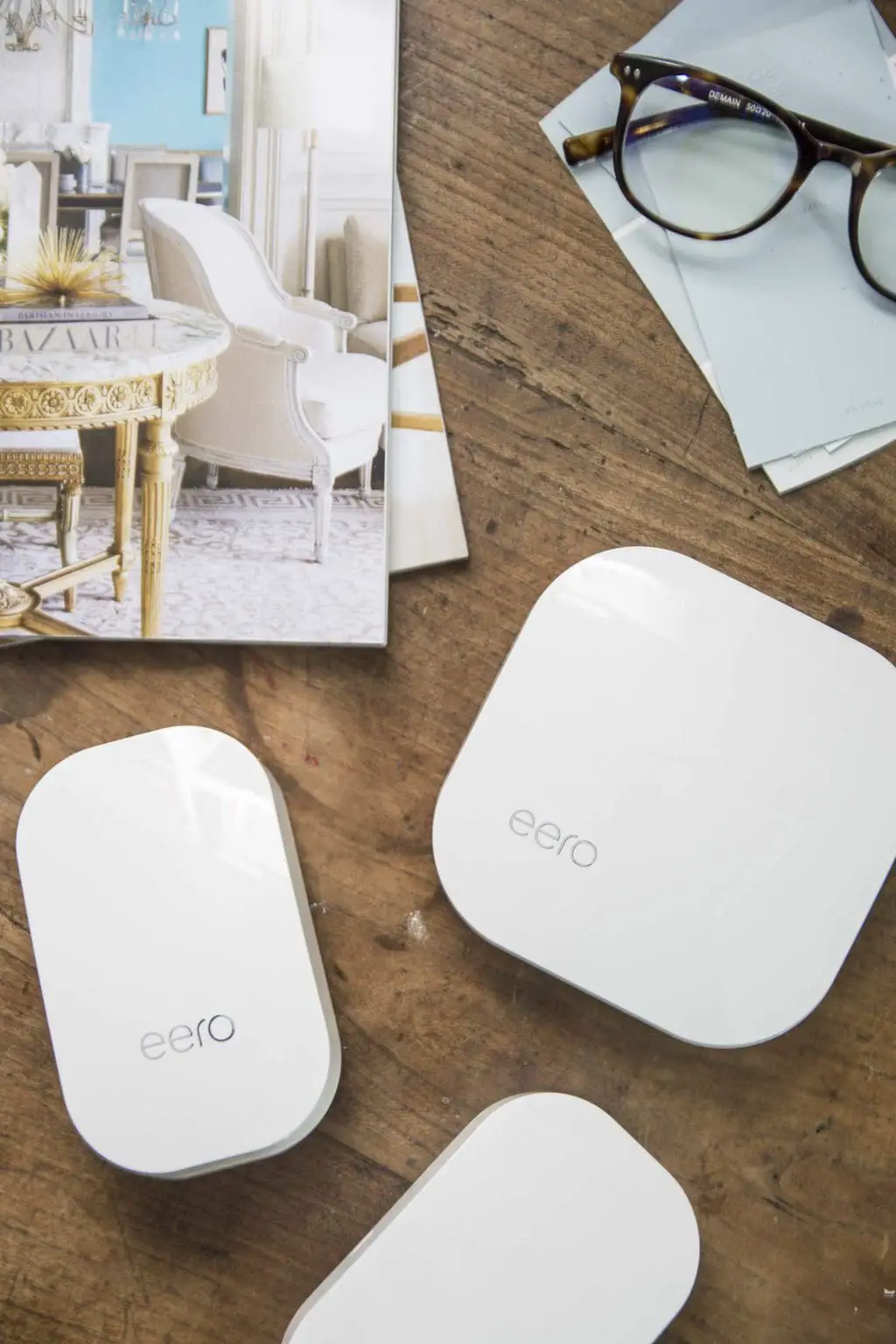 eero wifi system in modern home office with French farmhouse table desk and bookshelves on Thou Swell @thouswellblog