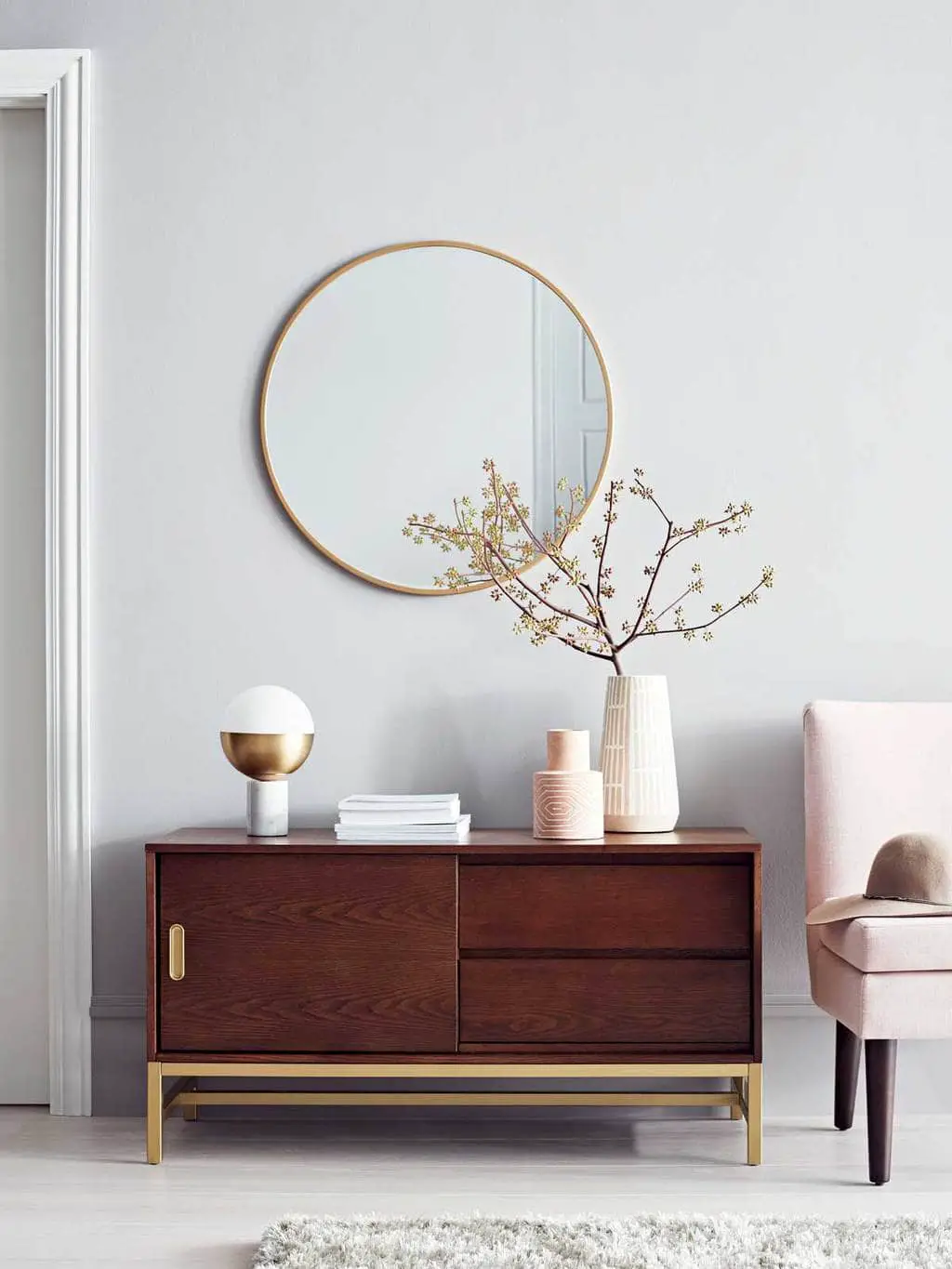Modern sideboard and round mirror with blush slipper chair from Project 62 on Thou Swell @thouswellblog