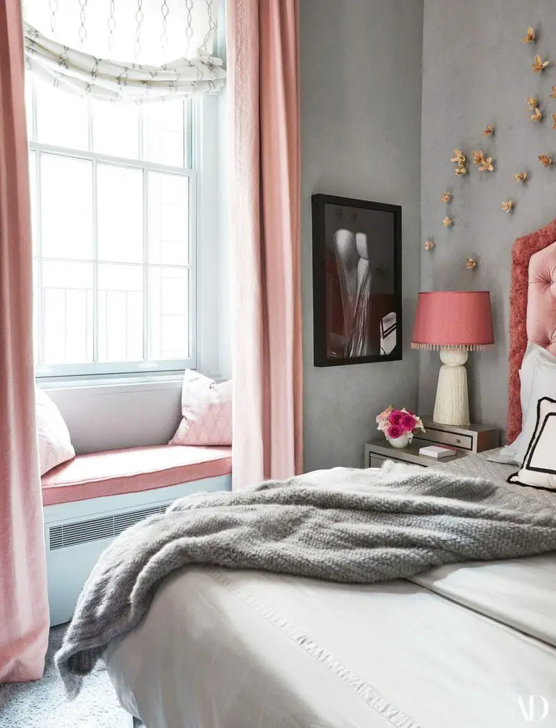 Carole Radziwill's pink and grey bedroom in New York City on Thou Swell @thouswellblog