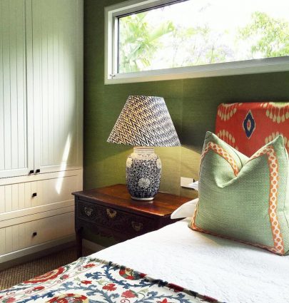 Green bedroom with pleated pattern lampshade on Thou Swell @thouswellblog
