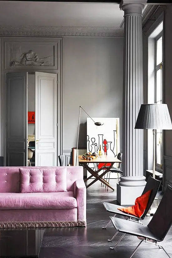 Grand grey living room with pink sofa and grey lampshade on Thou Swell @thouswellblog