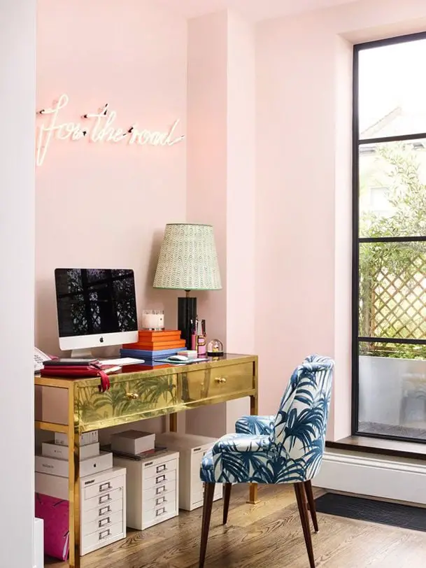 Pink office with neon sign on Thou Swell @thouswellblog