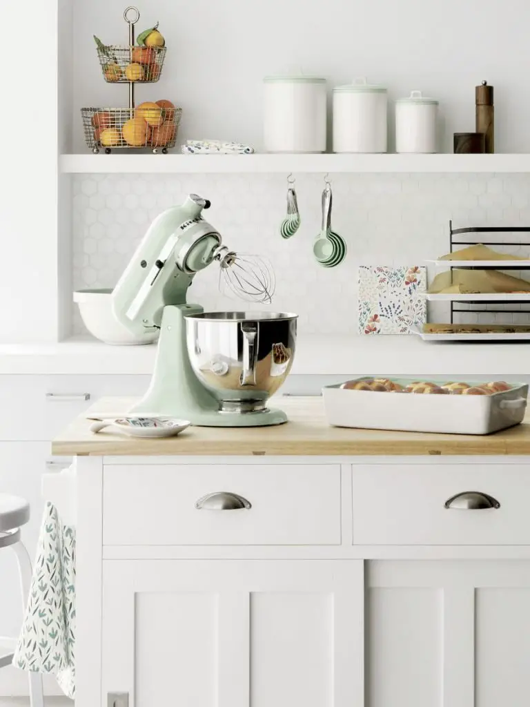 Farmhouse kitchen island cart with mint green mixer on Thou Swell @thouswellblog