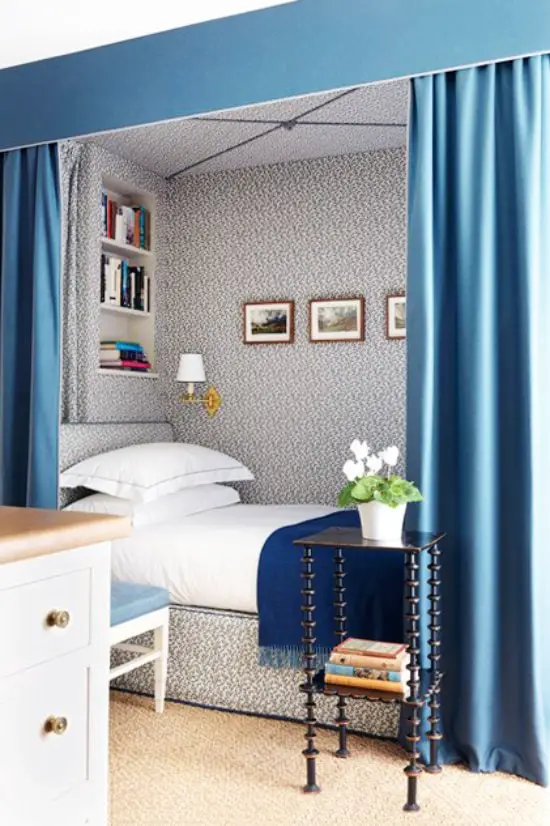 Blue built-in bed nook with canopy on Thou Swell @thouswellblog