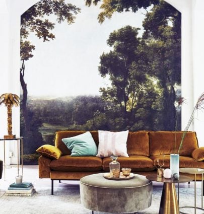 HOME DECOR TREND FORECAST FOR 2018 7 Scenic mural in a modern living room on Thou Swell @thouswellblog