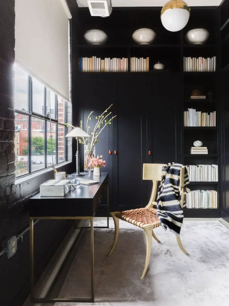 Black home office with built-in cabinetry and gold accents on Thou Swell @thouswellblog