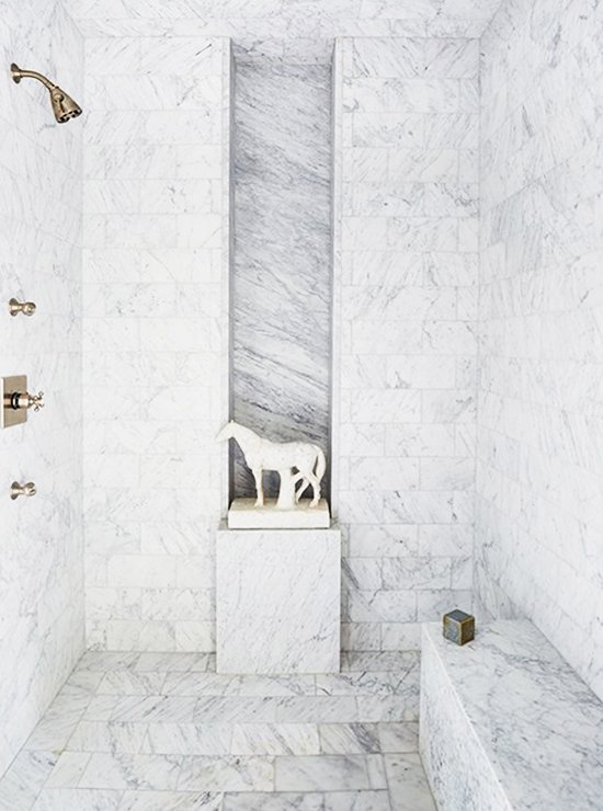 Dramatic marble walk-in shower with pedestal and horse statue on Thou Swell @thouswellblog