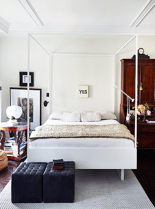 Neo-traditional bedroom with modern white canopy bed and antique secretary on Thou Swell @thouswellblog