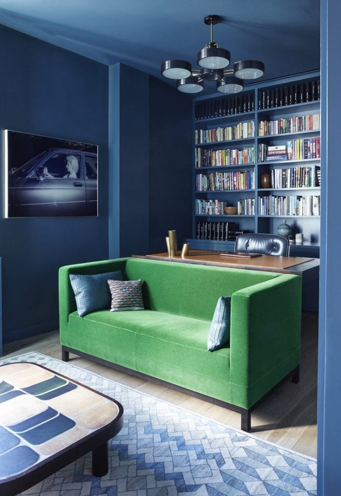 Dramatic dark blue home office with green velvet sofa on Thou Swell @thouswellblog