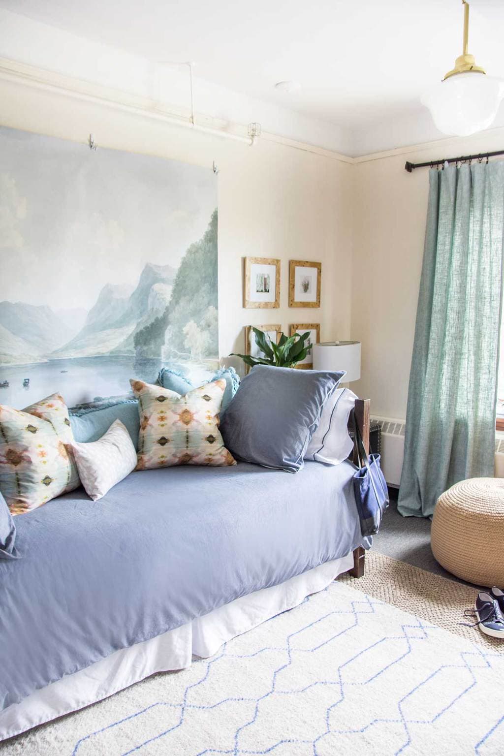 MY SERENE DORM ROOM DESIGN REVEAL 25 Serene dorm room design makeover with Annie Selke Bed101 bedding and oversized mural on Thou Swell @thouswellblog