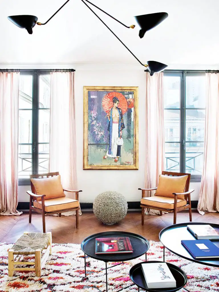 Living room apartment decor with blush curtains in Paris on Thou Swell @thouswellblog
