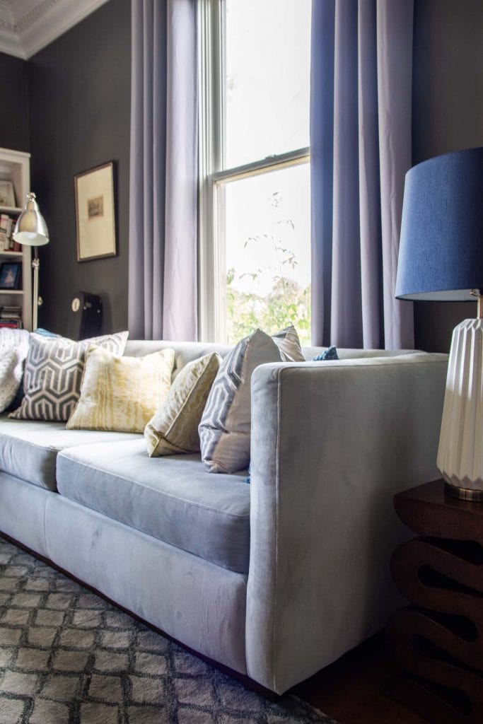 Gray and blue living room in Atlanta, GA with modern and vintage mix on Thou Swell @thouswellblog