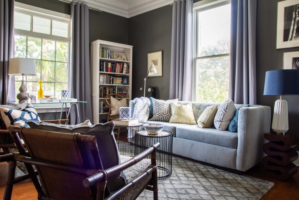 Gray and blue living room in Atlanta, GA with modern and vintage mix on Thou Swell @thouswellblog