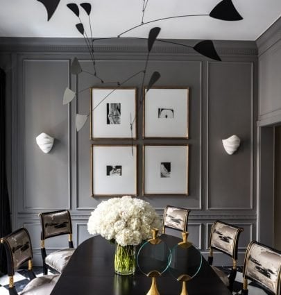 GORGEOUS GREIGE IN RYAN KORBAN'S TOWNHOME 5 Dark grey dining room with mobile in Ryan Korban townhouse on Thou Swell @thouswellblog