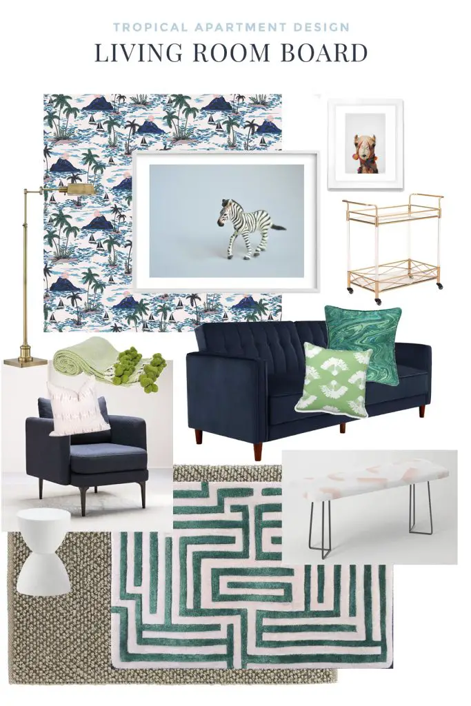 Tropical apartment living room design board on Thou Swell @thouswellblog