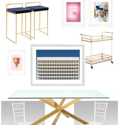 Glam apartment dining room design board with gold table, blue stools, and modern artwork on Thou Swell @thouswellblog