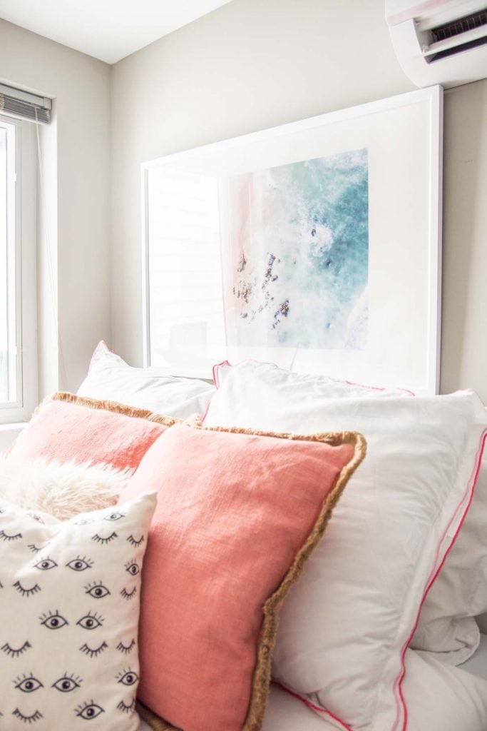 Blush apartment bedroom design makeover reveal with Society6 art prints on Thou Swell @thouswellblog