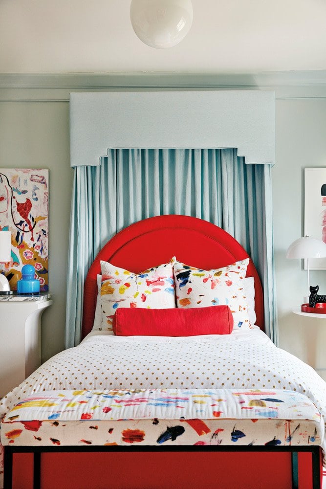 Bright red and blue neo-traditional bedroom inside a color-filled home outside of Atlanta on Thou Swell @thouswellblog